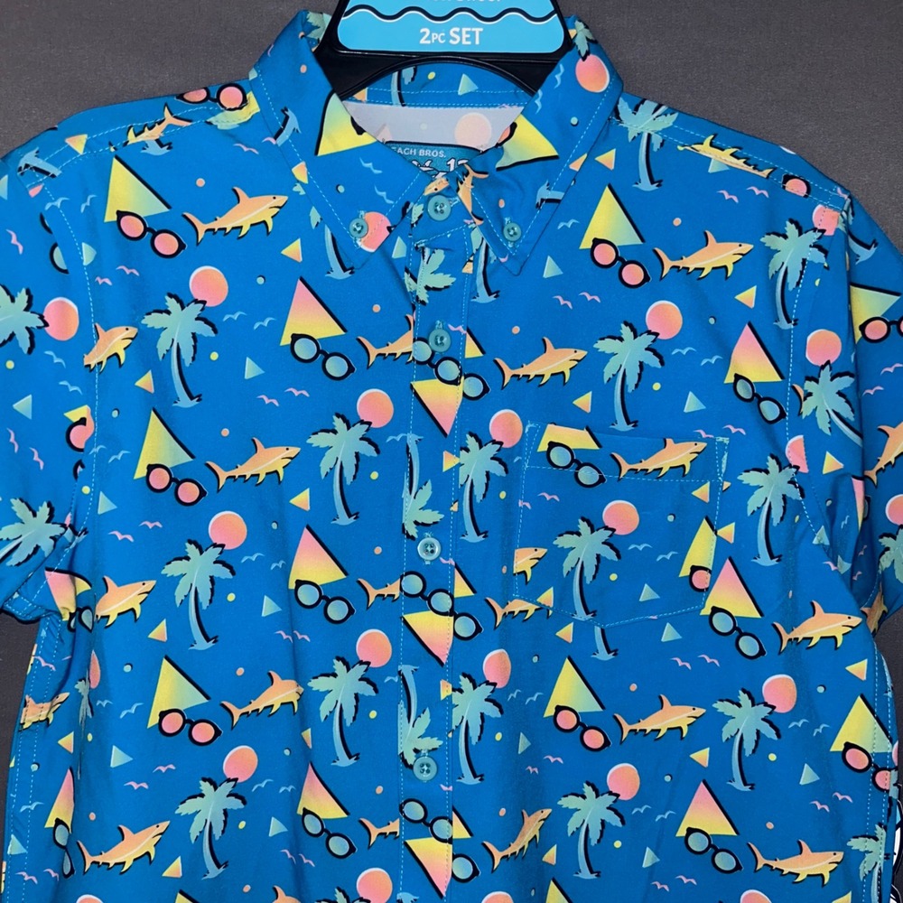 Beach Bros Boys 2pc Cabana Set Blue Swim Trunk Palm Shark Sz 12 Bathing Suit